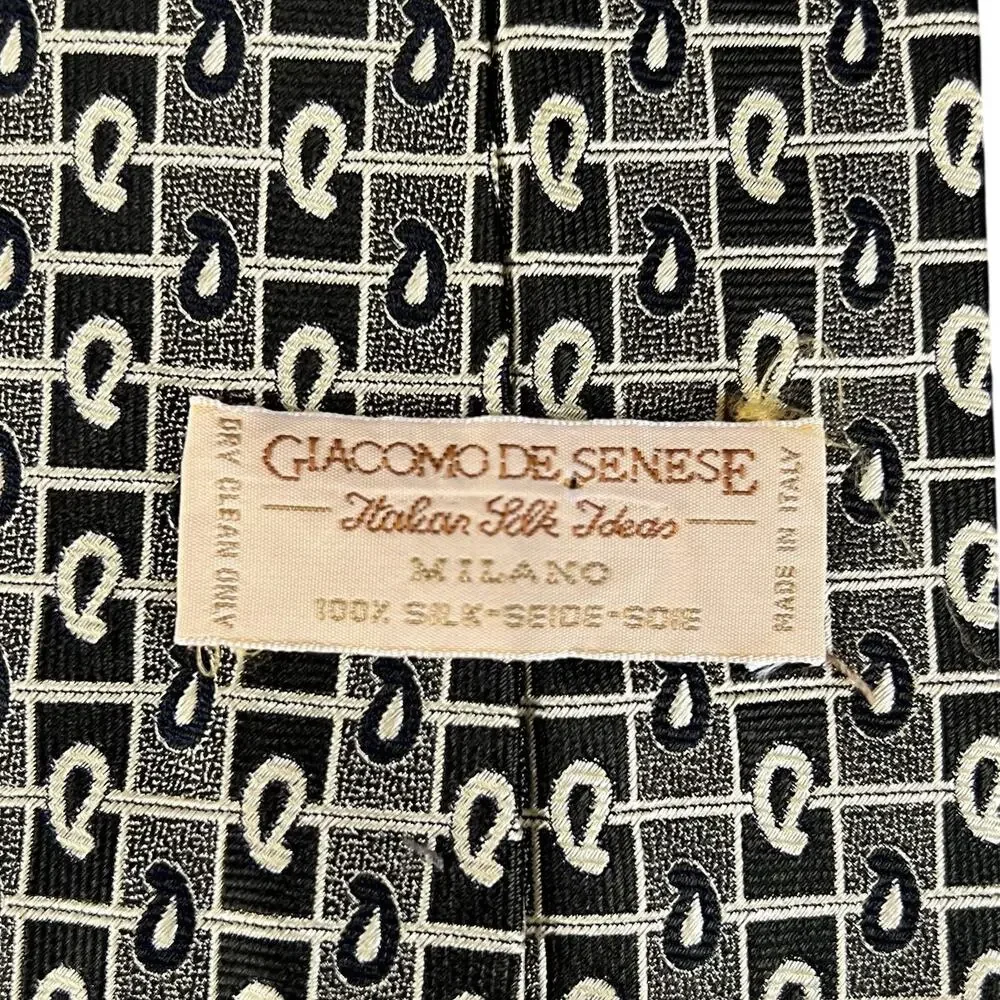 Vintage 90s Giacomo de Senese 100% Silk Tie Italian Sage Green Paisley 3.75”